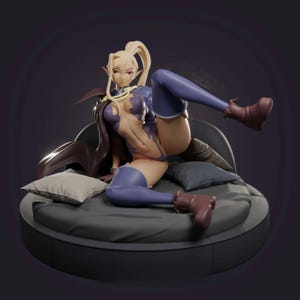 Könnte beinhalten: 3D-gerenderte Figur einer weiblichen Figur mit blonden Haaren im Pferdeschwanz, die ein lila Outfit und braune Stiefel trägt. Sie liegt auf einem runden, grauen Bett mit Kissen vor dunklem Hintergrund.