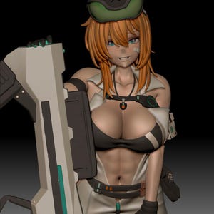 Pode incluir: Uma figura de personagem digital 3D com cabelo laranja, vestindo uma roupa branca e preta, um colar escuro e óculos verdes na cabeça. O personagem segura um rifle futurista grande, angular, cinza claro e preto com detalhes em verde-azulado.