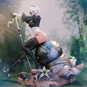 May include: A collectible figurine of a character with short white hair, wearing a black and white leotard with black thigh-high boots and gloves. The figure holds a long silver sword and sits atop a large, weathered, metallic spherical object.