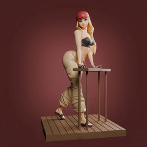 May include: A figurine of a woman with long blonde hair, wearing a red cap, black top, tan pants, and sandals. She is leaning on a small wooden table. The figurine is standing on a wooden platform.