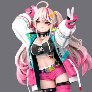 May include: A collectible anime-style figure with long pink hair, wearing a white and teal jacket, black crop top with the word EXOTIC, and pink shorts. The figure features a spiked choker, a belt with a buckle, and a thigh-high pink boot.