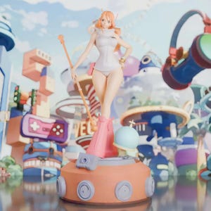 Könnte beinhalten: Figur einer Frau mit orangefarbenem Haar, die einen weißen Body und rosa Stiefel trägt und einen Stab hält. Die Figur steht auf einer orangefarbenen Basis mit einem hellblauen Globus und anderen dekorativen Elementen. Der Hintergrund zeigt eine bunte, cartoonartige Stadtlandschaft.