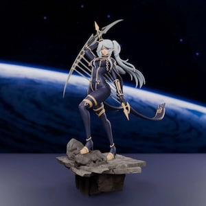 May include: A detailed figurine of a female warrior in a dark blue and gold outfit, holding a weapon. The figure has long, silver hair and is posed on a stone base against a backdrop of space. The figurine is approximately 8 inches tall.