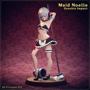 May include: A 3D-printed figurine of Maid Noelle from Genshin Impact. The figure is posed with a broom, wearing a black and white maid outfit with red accents. The base is a wooden circle with a black and silver bucket.
