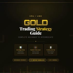 Puede incluir: Una guía digital con temática dorada, titulada "GOLD Trading Strategy Guide", para traders principiantes a intermedios. Incluye una guía de estrategia, calculadora de posición y diario de trading. El texto "Instant Download" es visible.