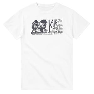 May include: White t-shirt with a retro graphic design. The print features a dog silhouette and the text "One-Spot Flea Killer", along with a list of insects. The shirt has a crew neck.
