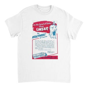 T-shirt van Kolynos Tandpasta uit 1939 | Vintage Britse print "In het land van Sabu" | Koloniale reclamesatire | Grafisch T-shirt | Retro-ephemera