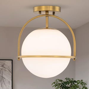 Mid Century Modern Brass Globe Ceiling Light, Opal Glass Flush Mount, Italian Ceiling Light, Gold Semi Flush Mount Fixture, Modern Lighting