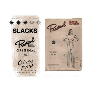 Pode incluir: Dois designs de padrões de costura vintage. Um apresenta a palavra "SLACKS" com o texto "Practical Paper Patterns Original 1940". O outro mostra uma mulher em calças, com o texto "Practical Paper Patterns" e "SLACKS Quadris 101.6cm".