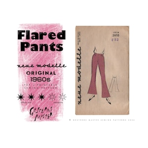 Könnte beinhalten: Vintage Schnittmuster für Schlaghosen aus den 1960er Jahren. Das Muster zeigt den Text "Flared Pants" und "nene modelle". Der Schwierigkeitsgrad ist mittel. Enthält ein druckbares PDF-Schnittmuster.