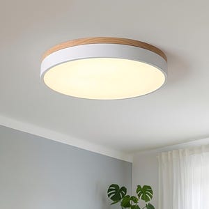 May include: A modern, round ceiling light with a white and wood-tone finish. The light fixture is mounted on a white ceiling, illuminating a living room with a gray sofa, wooden side table, and a neutral-toned rug. The room is decorated in a minimalist style.