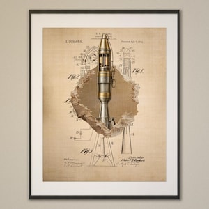 Peut inclure: Impression encadrée d'une illustration de brevet de fusée vintage. L'œuvre présente un diagramme détaillé d'une conception de fusée, avec des dessins techniques et des annotations. La palette de couleurs est principalement sépia, avec un effet de papier déchiré au centre.