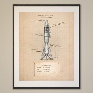 May include: Framed print of a vintage rocket apparatus diagram. The detailed illustration, labeled with arrows, shows the nose cone, propellant tank, combustion chamber, and rocket nozzle. The print includes a rectangular box with additional technical information.