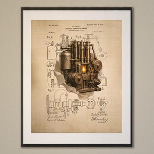 May include: Framed print of a vintage internal combustion engine patent. The sepia-toned print features detailed technical drawings of the engine's components, including cylinders, pipes, and gears. The text reads "R. Diesel, Internal Combustion Engine."