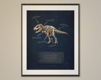 Skelet Tyrannosaurus Rex – technische poster dinosaurus – muurkunst dinosaurus STEM (digitale download)