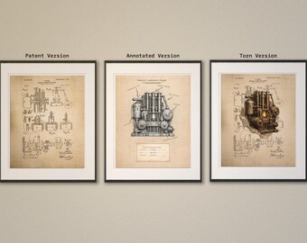 Patentprint verbrandingsmotor – blauwdruk muurkunst (fysieke print on demand)