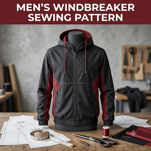 Peut inclure: Un coupe-vent noir et rouge foncé sur un mannequin, présenté avec des patrons de couture, un ruban à mesurer, des ciseaux et du fil. Le texte indique : MEN'S WINDBREAKER SEWING PATTERN. La veste possède une capuche, une fermeture éclair et des poignets côtelés.