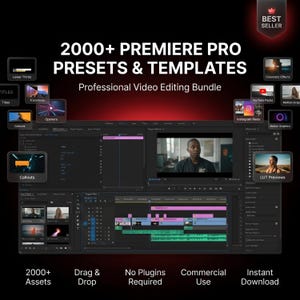 Peut inclure: Un ensemble numérique de plus de 2000 préréglages et modèles Premiere Pro pour le montage vidéo. Le graphique affiche une interface logicielle avec diverses fenêtres de prévisualisation, incluant des tiers inférieurs, transitions et graphiques animés.