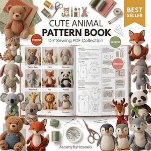 May include: A DIY sewing PDF collection titled CUTE ANIMAL PATTERN BOOK, featuring illustrations of a teddy bear, cat, bunny, elephant, fox, panda, lion, and penguin, surrounded by sewing supplies like thread, scissors, and needles.