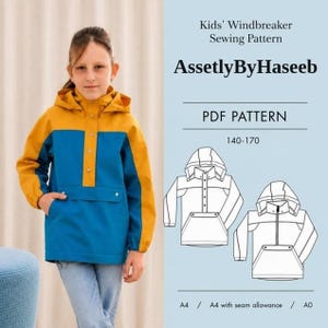 May include: A two-tone windbreaker with a blue body and yellow sleeves and hood, featuring a front placket with buttons and a pocket. The text reads Kids' Windbreaker Sewing Pattern, AssetlyByHaseeb, PDF PATTERN, 140-170, A4, A4 with seam allowance, A0.
