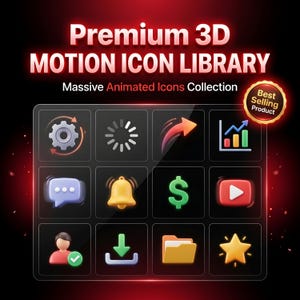 May include: A digital graphic featuring a collection of 3D motion icons on a black background. The icons include a gear, loading symbol, arrow, graph, chat bubble, bell, dollar sign, play button, user icon, download arrow, folder, and star. Text reads "Premium 3D Motion Icon Library."