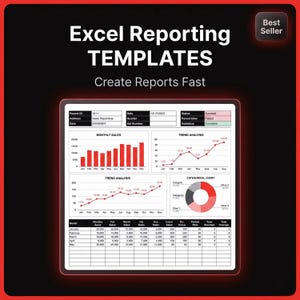 May include: A digital display showing Excel Reporting TEMPLATES with the text "Create Reports Fast." The screen presents charts and data tables, including monthly sales and trend analysis. A "Best Seller" badge is in the top right corner.