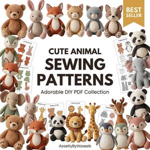 Può includere: Una collezione di peluche tra cui un orso, coniglio, volpe, gatto, panda, elefante, giraffa, leone, pinguino e cervo, esposti insieme a fogli di cartamodelli con il testo CUTE ANIMAL SEWING PATTERNS Adorable DIY PDF Collection.