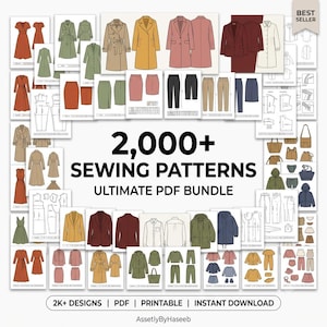 Op de afbeelding: Een digitale collectie van meer dan 2.000 naaipatronen in een PDF-bundel, met diverse kledingillustraties zoals jassen, jurken, blazers, broeken en overhemden, inclusief de tekst 2,000+ SEWING PATTERNS ULTIMATE PDF BUNDLE.