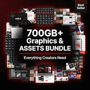 May include: A graphic design bundle with the text "700GB+ Graphics & ASSETS BUNDLE" and "Everything Creators Need". The image includes mockups, icons, and design elements, with a "Best Seller" badge.
