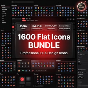 May include: A digital collection of 1600 flat icons for professional UI and design, featuring a dark interface with red accents. The display shows various categories like business, social media, and finance, with text stating 1600+ Icons, SVG, PNG, AI, EPS.