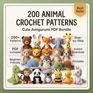Puede incluir: Un gráfico digital con el texto 200 ANIMAL CROCHET PATTERNS Cute Amigurumi PDF Bundle. La imagen muestra una colección de varias figuras de animales tejidas a ganchillo, incluyendo un oso, conejo, zorro, elefante, jirafa, león, tigre, gato, perro, ballena, pingüino, tortuga, dinosaurio, mono, panda, koala, abeja, pato y un unicornio.
