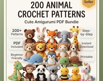 May include: A digital graphic featuring the text 200 ANIMAL CROCHET PATTERNS Cute Amigurumi PDF Bundle. The image displays a collection of various crocheted animal figures including a bear, rabbit, fox, elephant, giraffe, lion, tiger, cat, dog, whale, penguin, turtle, dinosaur, monkey, panda, koala, bee, duck, and unicorn.