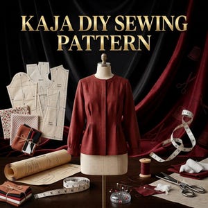 Peut inclure: Un kit de patron de couture Kaja DIY comprenant une veste à manches longues couleur rouille sur un mannequin, des pièces de patron en papier, des échantillons de tissu, un patron roulé, un mètre ruban, des ciseaux et une bobine de fil.