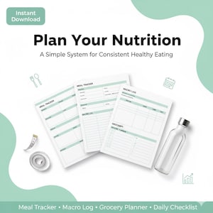 Może przedstawiać: Cyfrowe pobieranie zatytułowane "Zaplanuj swoje odżywianie" z szablonami śledzenia posiłków, dziennika makro, planera zakupów i codziennej listy kontrolnej. Obraz zawiera przezroczystą szklaną butelkę, miarkę i ikonę widelca i łyżki.