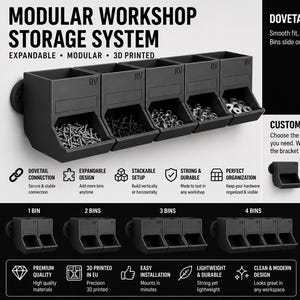 Könnte beinhalten: Schwarzes modulares Werkstatt-Aufbewahrungssystem mit mehreren Behältern, gefüllt mit Hardware. Das System ist erweiterbar, modular und 3D-gedruckt. Merkmale sind eine Schwalbenschwanzverbindung, stapelbare Einrichtung und ein langlebiges Design.