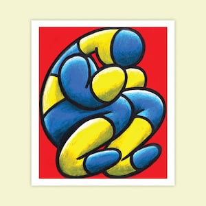 Puede incluir: Impresión artística abstracta que representa una figura sentada en azul y amarillo sobre un fondo rojo. La obra utiliza gruesos contornos negros para definir las formas, creando un contraste visual llamativo.