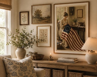 Estampado de la bandera de Betsy Ross / Arte colonial estadounidense de mujer cosiendo (Descarga digital)