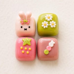 May include: Four square-shaped, colorful decorative items. One is pink with a bunny face and flower crown. Another is green with white daisies. A third is pink with a strawberry design. The last is pink with a Japanese dango design.