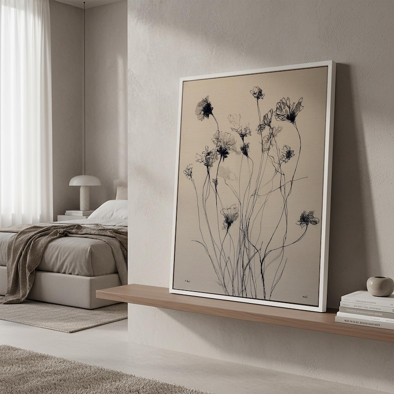 Minimal Floral Line Art Framed Canvas Art, Black Ink Wildflower ...