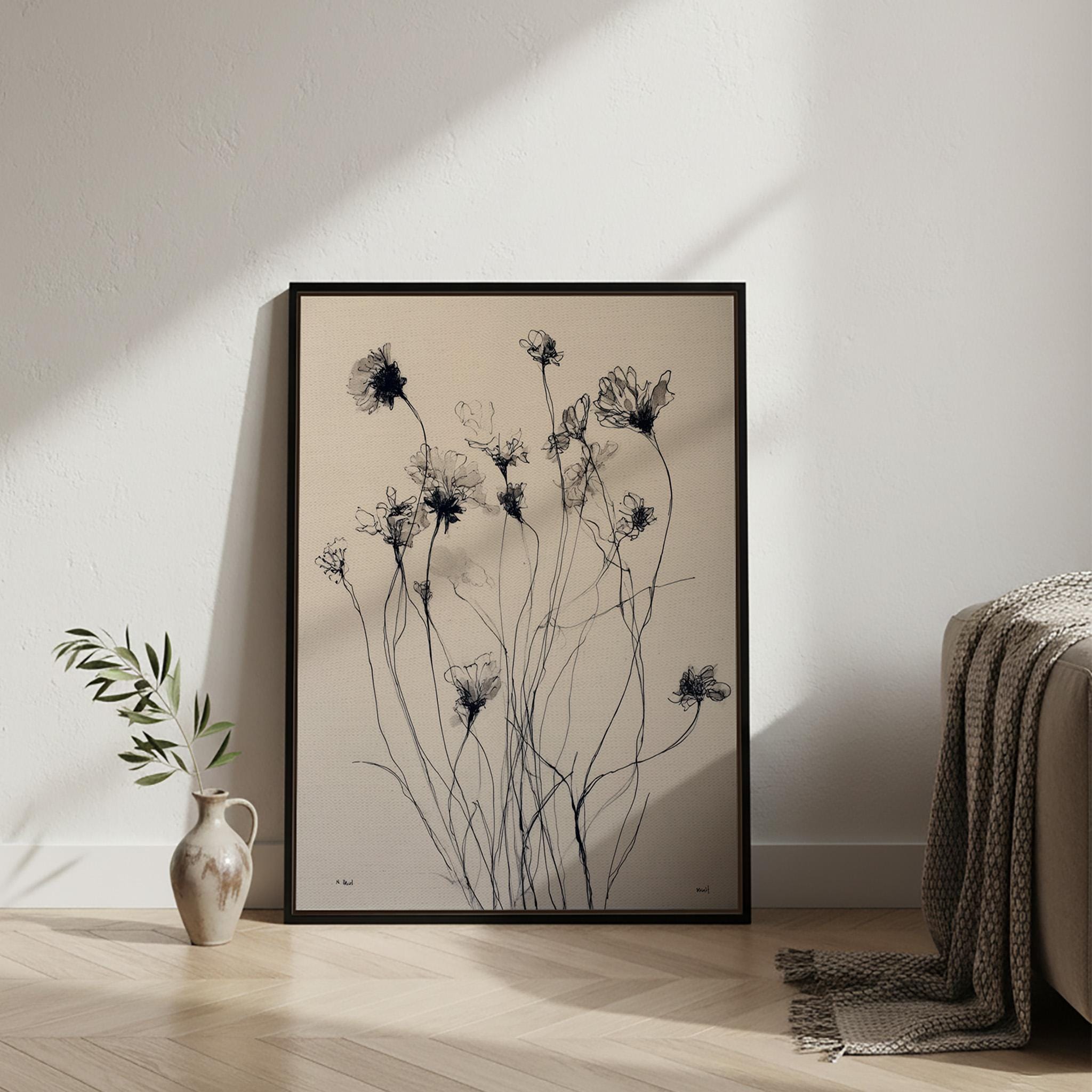 Minimal Floral Line Art Framed Canvas Art, Black Ink Wildflower ...