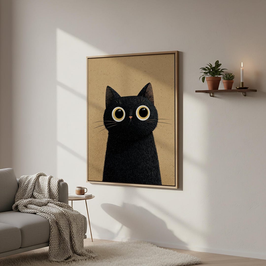 Cute Black Cat Framed Canvas Wall Art Canvas Decor, Minimalist Big Eyes ...