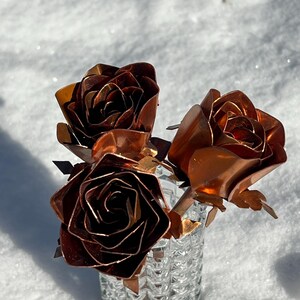 May include: Three copper roses in a clear, textured glass vase. The roses have detailed petals and are a rich, reddish-brown color. The vase sits in the snow, creating a contrast between the warm tones of the roses and the cold, white background.