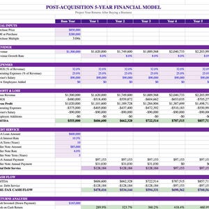 May include: A financial model titled "POST-ACQUISITION 5-YEAR FINANCIAL MODEL" with data tables. The tables show deal inputs, revenue, expenses, profit & loss, debt service, cash flow, and returns analysis. The document is on a white background with purple headers.