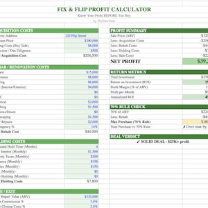 Könnte beinhalten: Finanz-Tabellenkalkulation "FIX & FLIP PROFIT CALCULATOR" zur Berechnung von Immobilien-Gewinnen. Enthält Abschnitte für Akquisition, Renovierung, Haltekosten und Verkauf, sowie Rendite-Kennzahlen und eine 70%-Regel-Prüfung.