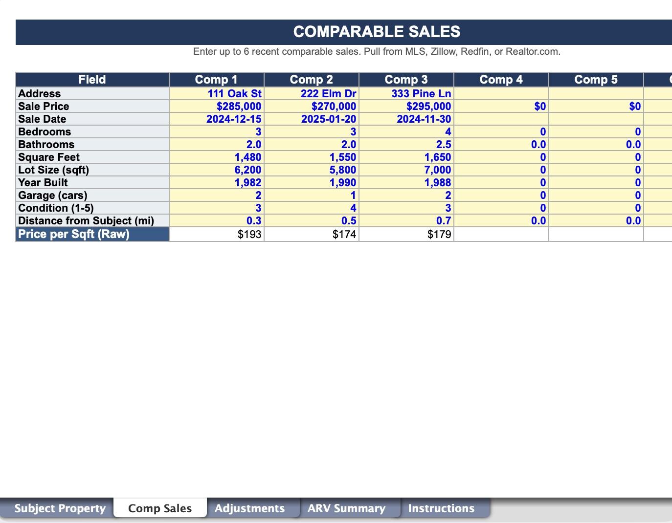 ARV Calculator Spreadsheet | Real Estate Investor Comp Analysis Tool ...