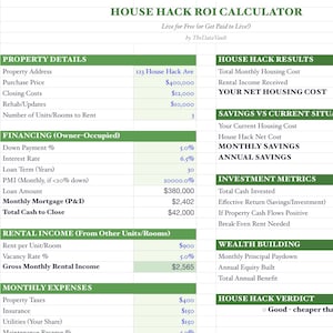 May include: A spreadsheet titled "HOUSE HACK ROI CALCULATOR" with financial data. Key sections include property details, financing, rental income, monthly expenses, and investment metrics. The calculator is designed to analyze real estate investments.