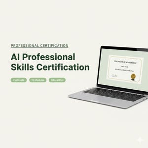 May include: A laptop displays a certificate of achievement for AI Professional Skills Certification. The screen shows a gold seal and text. The laptop is on a light background with the text "AI Professional Skills Certification" and "Verifiable, 10 Modules, Interactive."
