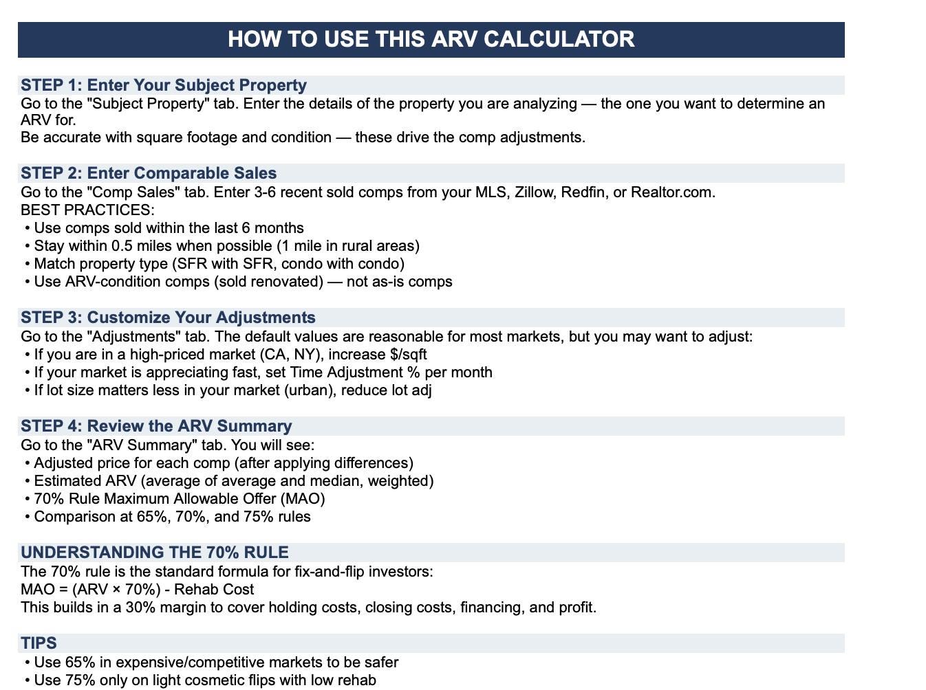 ARV Calculator Spreadsheet | Real Estate Investor Comp Analysis Tool ...