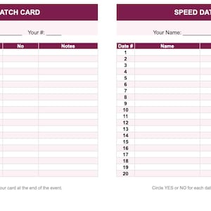 Op de afbeelding: Twee Speed Dating Match Cards met een magenta koptekst. Elke kaart heeft ruimte voor naam en nummer, met kolommen voor datum, naam, ja, nee en notities. De kaarten zijn ontworpen voor speed dating evenementen.