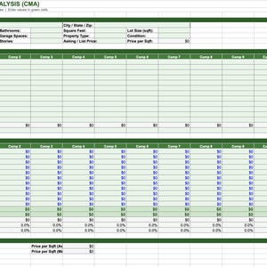 May include: A green and white spreadsheet titled "COMPARATIVE MARKET ANALYSIS (CMA)" with sections for subject property, comparable sales, adjustment grid, and valuation summary. It includes fields for data entry.